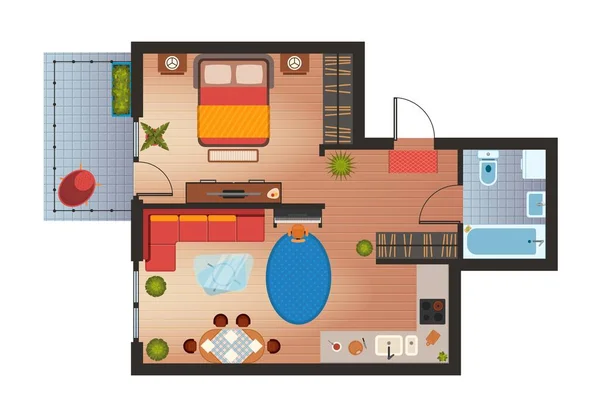 Apartamento ou planta do piso da casa com vista superior móveis. Projeto de arquitetura de sala plana. Home lounge, cozinha, quarto e banheiro plano vetorial — Vetor de Stock