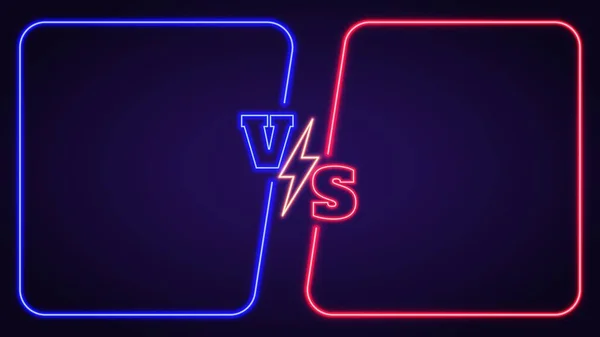 Blue vs red team battle neon background with glowing frames. Fight banner with versus symbol and lightning. Duel competition vector template — Stock Vector