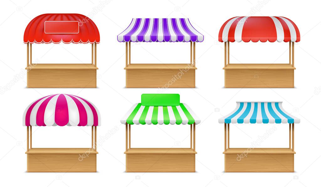 Realistic empty wood market booth with striped awning. Wooden street fair stall. Grocery, fruit or bakery kiosk with canopy roof vector set