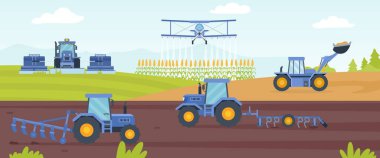 Çiftlik arazisi ve traktörü olan tarım makineleri afişi. Hasat için toprak ekmeyi birleştirir. Tarım endüstrisi konsepti