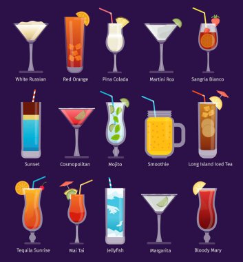 Düz kokteyl bardakları, martini, mojito, kozmopolit ve smoothie. Bar menüsü için alkollü tropik içecek. Kokteyl vektörü ayarlandı