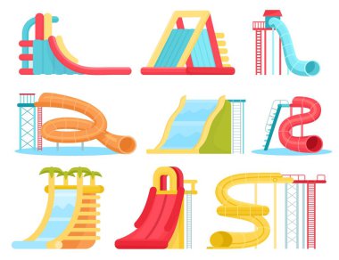 Şişirilebilir su kaydırakları ve su havuzu için plastik spiral borular. Aşırı eğlence vektörü seti için çizgi film eğlence yüzme parkı