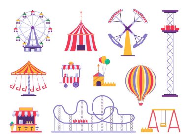 Lunapark hız treni, sirk çadırı ve sıcak hava balonu. Festival karnaval dönme dolabı, yemek büfesi ve eğlence vektörü ayarlandı