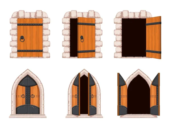 Cartoon otevřené a zavřené středověké hradní dveře a žalář brána. Starobylé klenuté dřevěné, železné a kamenné brány. Starý vstupní vektor pevnosti nastaven — Stockový vektor