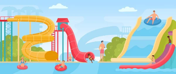 Paisagem aquapark verão plana com pais e filhos em escorregas de água. Parque de diversões com piscina, tubo espiral e poster vetorial de tubo —  Vetores de Stock