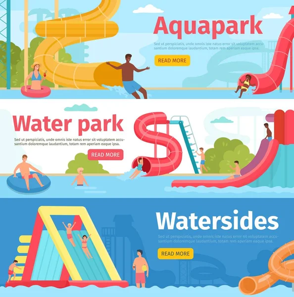 Horizontale banner voor aquaparktochten met mensen op waterglijbanen. Familie resort waterpark. Leuke zwemspeeltuin en zwembad vector flyer set — Stockvector