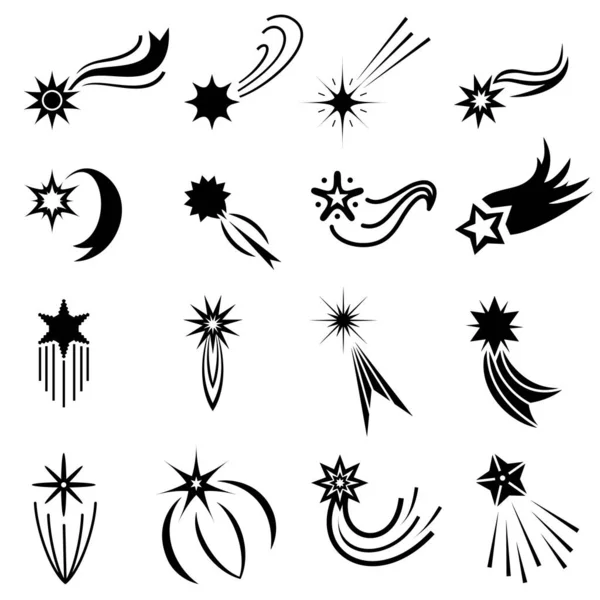Iconos de estrellas caídas planas, diseños de logotipo de cometas. Caída de estrella mágica con rastro de brillo. Meteorito de galaxia abstracto con cola. Juego de vectores estrella fugaz — Archivo Imágenes Vectoriales