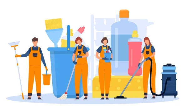 Ekipmanları ve aletleri olan profesyonel temizlik ekibi. Süpürge ve süpürge konsepti olan üniformalı düz erkek ve kadın temizleyiciler. — Stok Vektör