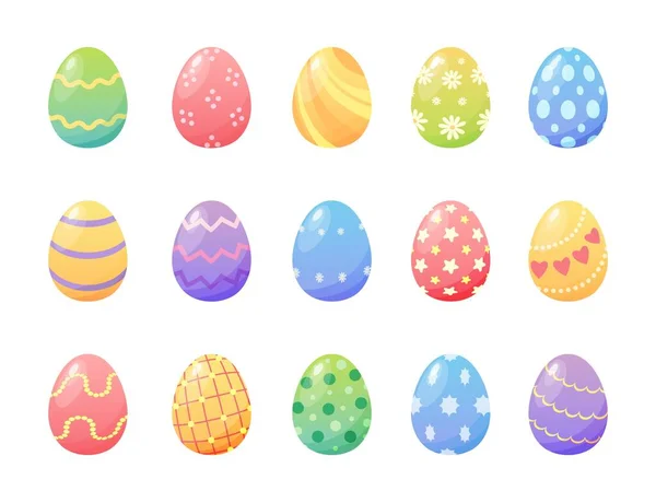Desenhos animados coloridos páscoa ovos pintados com padrões e texturas. Primavera de férias elementos decorativos. Feliz dia de Páscoa conjunto vetor de caça ovo —  Vetores de Stock