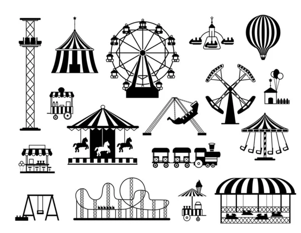 Roliga nöjesparker attraktioner och karuseller svarta siluetter. Funfair cirkus tält, gungor, tåg och varmluft ballong vektor set — Stock vektor