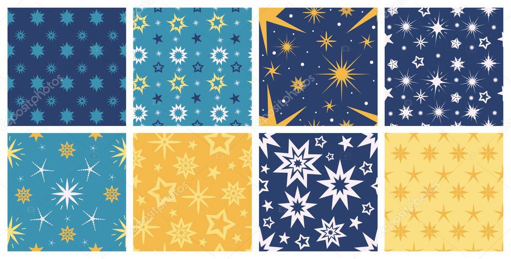 Flat seamless patterns with colorful stars for nursery wallpaper. Starry night sky texture. Blue cartoon galaxy with star symbols vector set