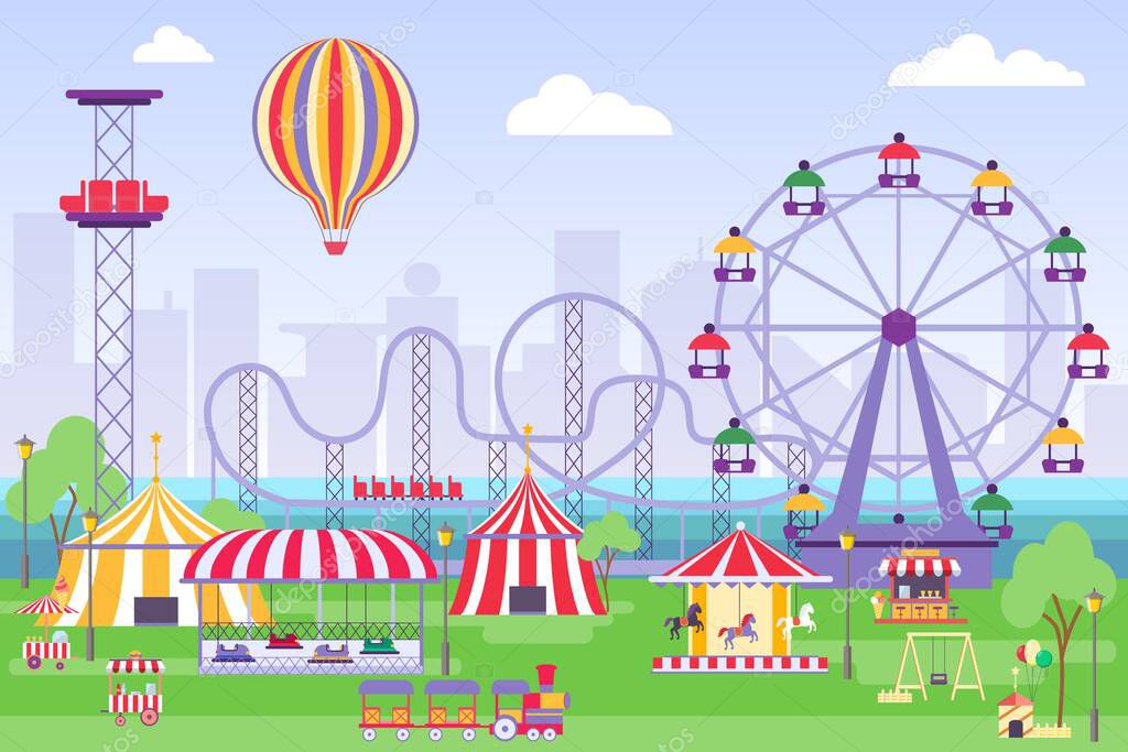Amusement park landscape with ferris wheel, circus tents and carousels. Flat fun fair with roller coaster and merry-go-round vector concept