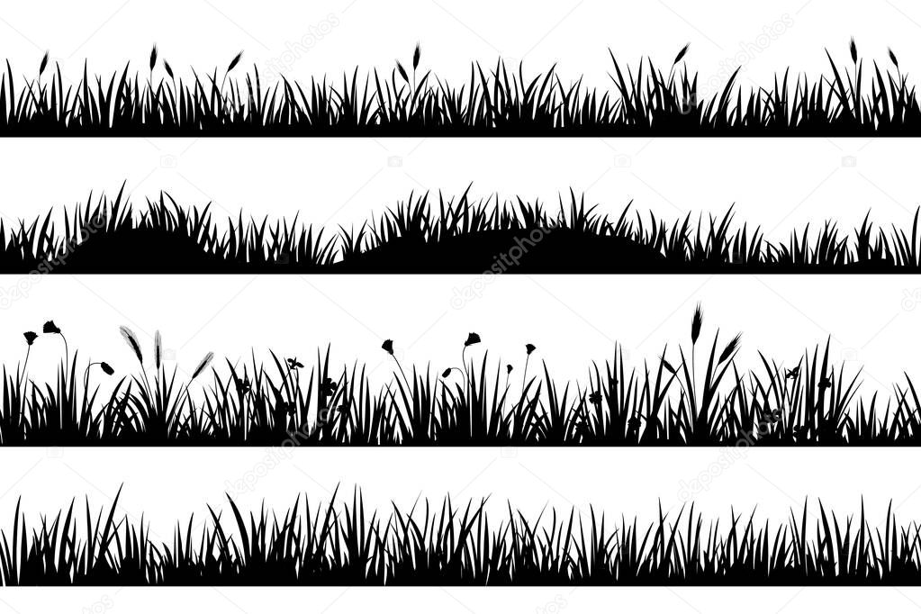 Meadow grass with flowers and spikelets, black silhouettes dividers. Grassland field with tufts. Lawn grass horizontal borders vector set