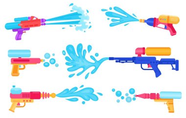 Oyuncak silahlar yaz oyunları ve Songkran festivali için su püskürtüyor. Çizgi filmlerdeki çocuk tabancaları. Tayland su partisi vektörü ayarlandı. Keyifli bir eğlence ya da eğlence için ekipman