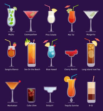 Alkol kokteyli, pina colada, martini, margarita ve tekila. Düz tropik içecekler ve bardakta içecekler. Klasik kokteyl vektör seti. Barın menüsünde tekila gündoğumu, mavi Hawaii, mai tai