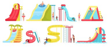 Çocuklu aileler su kaydırağında ve aquapark 'ta spirallerde eğleniyor. Yaz yüzme aktivitesi. Yetişkinler ve çocuklar şişirilebilir halka vektörü kümesinde. Mutlu karakterli eğlence ve açık hava aktivitesi