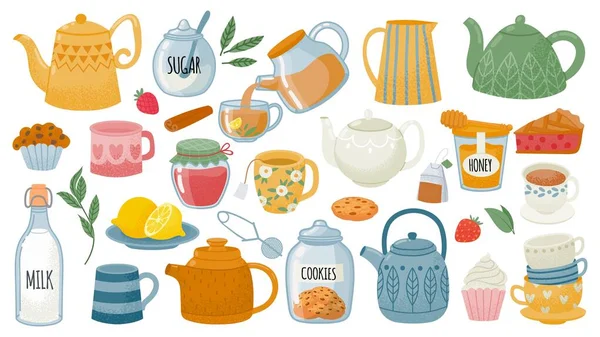 Tazas con té, tazas, postres, dulces, pasteles y teteras de cerámica. Bebida de desayuno. Hervidor de agua que vierte bebida caliente. Grupo de té vector conjunto — Archivo Imágenes Vectoriales