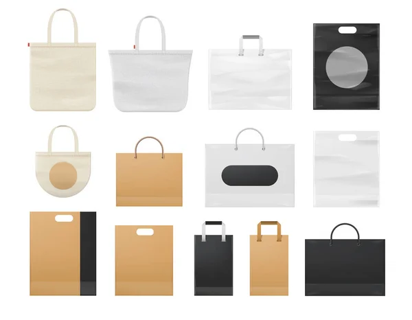 Papel de compras realista, plástico y tela mockups bolsa de asas. Bolsas blancas reutilizables Eco con asa. Marca corporativa bolsas diseño vector conjunto — Archivo Imágenes Vectoriales