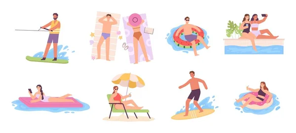 Vlakke personages genieten van de zomer, zonnebaden op de ligstoel en liggen aan zwemringen. Vrouwen in het zwembad. Mannen surfen. Vectorverzameling toeristische activiteit — Stockvector