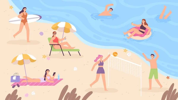 Tatilde olan insanlarla dolu düz bir deniz manzarası. Turistler sahil şeridinde sörf, yüzme, güneşlenme ve voleybol oynuyorlar. — Stok Vektör