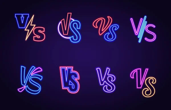 Versus logo glowing neon signs, vs game battle contest. Competition advertising symbol. Blue and red team fight or sport match vector set — Stock Vector