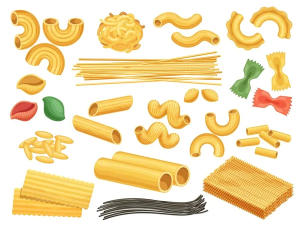 Cartoon wheat pasta products, noodles, fettuccine and black spaghetti. Italian cuisine dough food, conchiglie, spiral, penne type vector set — Stock Vector