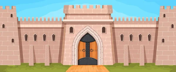 Cartoon Parede Pedra Reino Medieval Com Portões Torres Castelo Fortaleza — Vetor de Stock