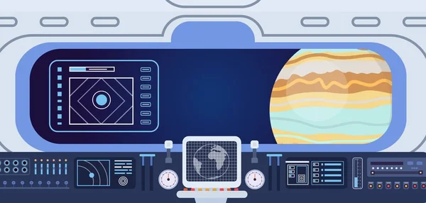 stock vector Flat spaceship cabin with control panels dashboard and porthole. Spacecraft screen and buttons. Space navigation center room vector interior. Futuristic cosmic ship cockpit, galaxy exploration