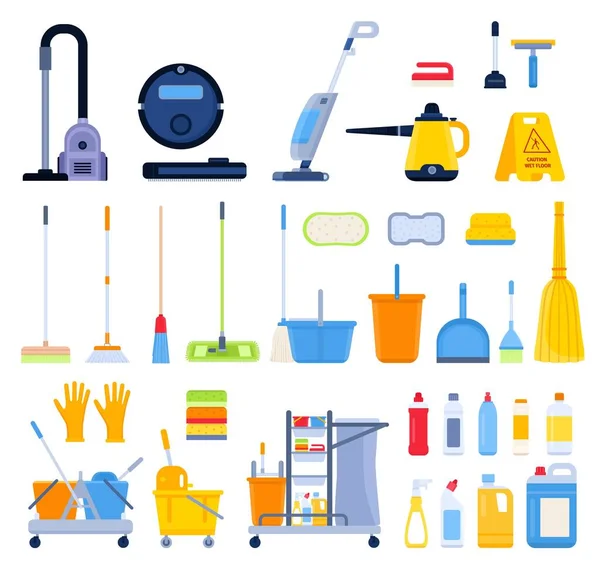 Outils Nettoyage Plats Balais Chiffons Brosses Bouteilles Détergent Aspirateur Domestique — Image vectorielle