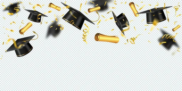 Realistic Background Flying Graduation Caps Gold Confetti Diploma School University — Stock Vector