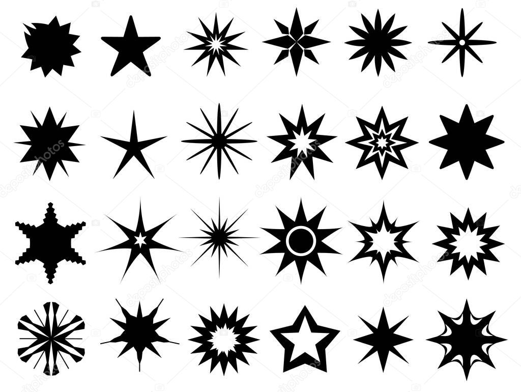 Flat sparkle stars black silhouettes, logo designs. Twinkle magic star symbols. Sparkles and glitter particles shapes. Star icons vector set. Glowing shiny light elements for christmas
