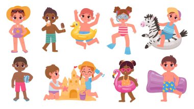 Cartoon kids at summer beach in swimming suit and inflatable ring. Children at vacation resort make sand castle and eat ice cream vector set. Illustration of kids play in sand beach clipart