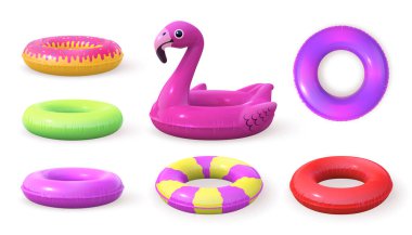 3D şişirilebilir yüzme halkaları tasarımları, donut ve pembe flamingo. Gerçekçi bilardo masası ve yan görünüş. Yüzme cankurtaran vektörü ayarlandı. Yüzük havuz ve deniz çizimi için şişirilebilir