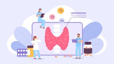 Düz endokrinoloji doktorları tiroit bezini ekranda inceliyor. Hormon terapisi, hipotiroidizm veya hipertiroidizm tedavi konsepti. Endokrinolojist ve endokrin