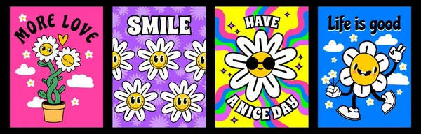 概要70年代のグルービースタイルのデイジーの花のポスター スローガンと漫画ヒッピーデイジー文字ベクトルデザインセットとサイケデリックレトロプリント 幸せなレトロなモチベーションバナーのイラスト — ストックベクタ
