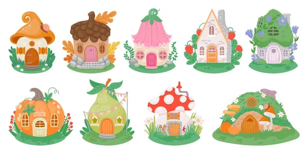 Cartoon Little Fantasy Houses Fairies Elves Gnomes Dwarfs Mushroom Pumpkin — Stock Vector