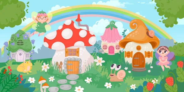 Magic Forest Village Landscape Little Houses Fairy Flower Mushroom Fantazy — Stock Vector