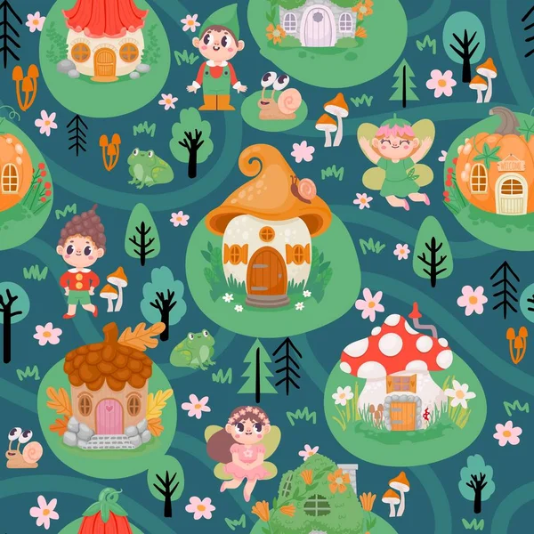 Fairytale Seamless Pattern Magic Village Houses Fairies Cartoon Children Print — Stock Vector