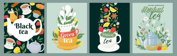 Черный Зеленый Травяной Чай Дизайн Упаковки Этикетки Концепция Чай Напиток — стоковый вектор