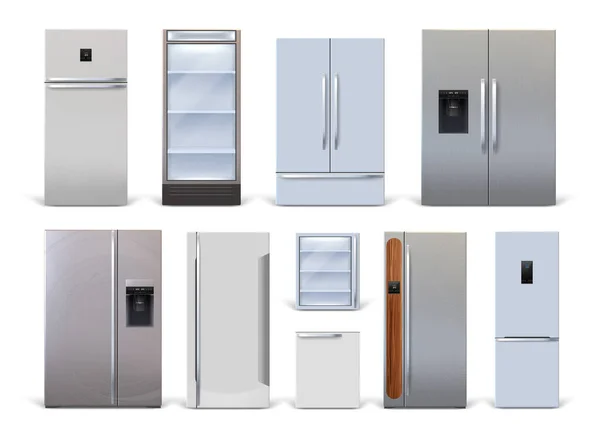 Gerçekçi Endüstriyel Buzdolabı Modern Tasarımlar Mutfak Dolapları Soğutucular Metalik Buzdolabı — Stok Vektör