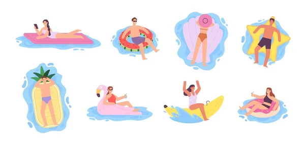 Flache Menschen Auf Aufblasbaren Luftmatratzen Und Schwimmringen Frauen Schwimmen Und — Stockvektor