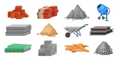 İnşaat malzemesi yığınları ve ekipmanlar, çimento, kum ve tuğlalar. Yapı taşları, tahta kalaslar, el arabası ve beton karıştırıcı, vektör seti. Yenileme için tuğla ve hurda tasviri