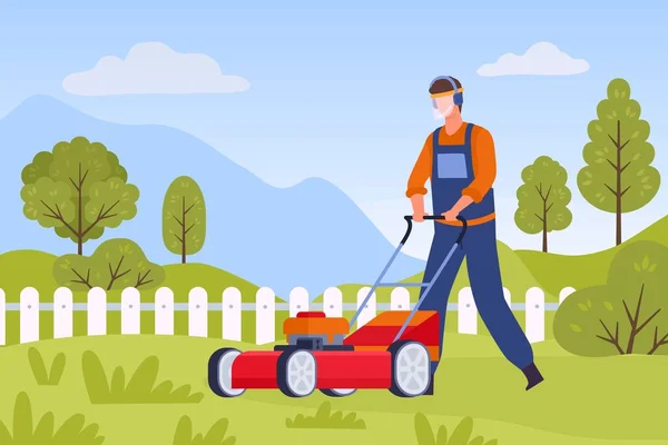 Bahçedeki Düz Çim Biçme Makinesi Servis Elemanı Çim Biçme Makineli — Stok Vektör