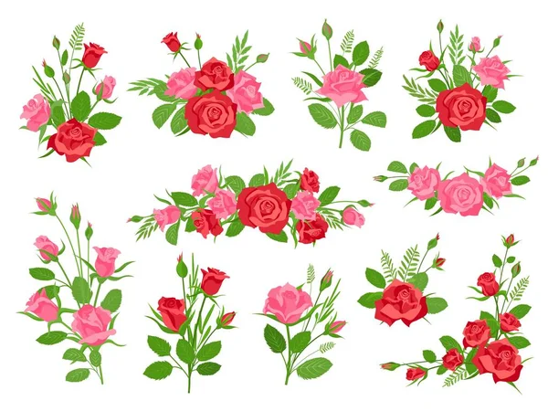 Cartoon Rosa Und Rote Rosensträuße Mit Blättern Und Gras Vintage — Stockvektor