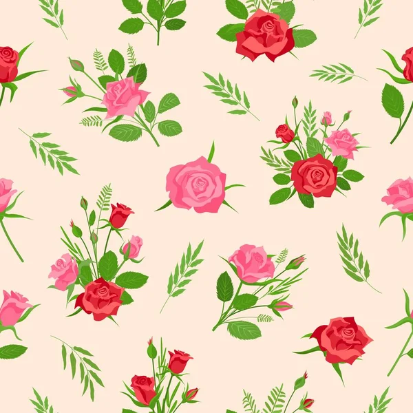 Romantisches Rosenmuster Mit Blüten Knospen Und Kräutern Cartoon Print Mit — Stockvektor
