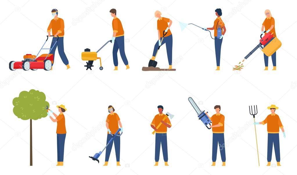 Flat garden workers with equipment trimming tree and grass. Professional lawn mowing and care maintenance. Gardeners with tools vector set. Care garden, trimming and cut