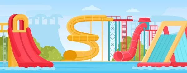 Amusement outdoor aquapark with water slides summer landscape. Cartoon family resort swimming pool with pipes and spiral tubes vector scene — Stock Vector