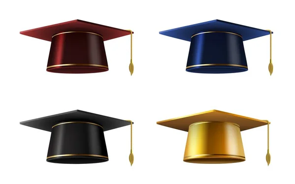 Golden, blue, red and black realistic 3d graduation cap. Academic square hat for university graduate student ceremony celebration vector set — Stock Vector