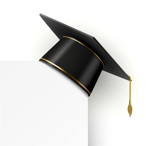 Black graduation cap with golden tassel hanging on corner. Realistic 3d graduate student academic hat on white frame board vector concept — Stock Vector