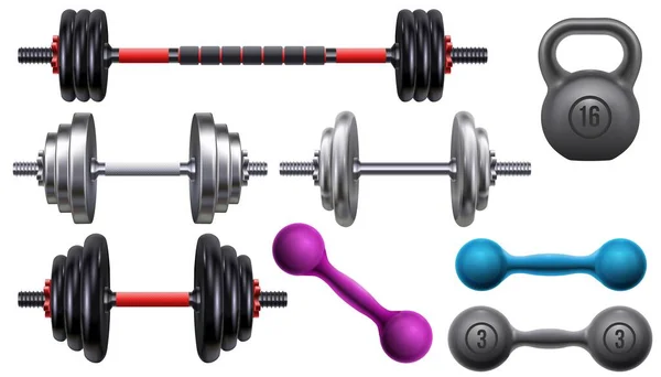 现实的健身房锻炼设备，杠铃，哑铃和水壶。举重运动矢量集的健身和运动训练工具 — 图库矢量图片